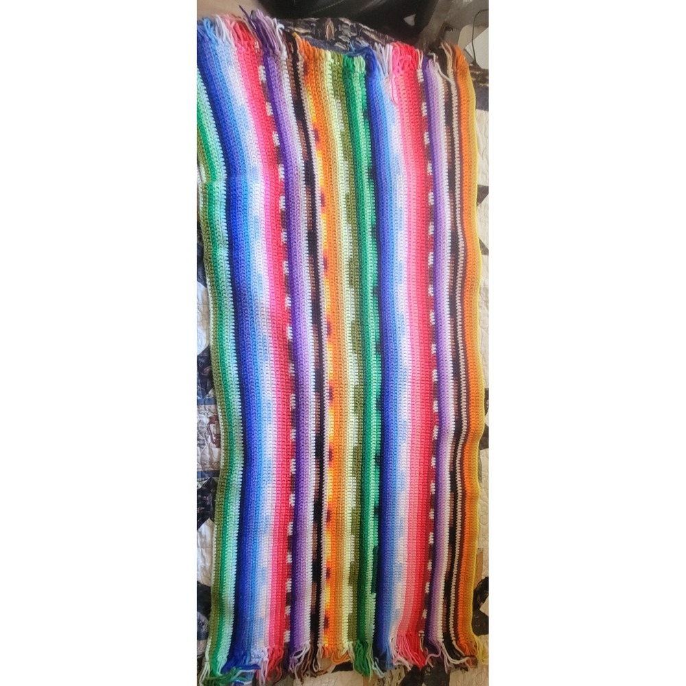 Vintage Afghan Blanket Crochet Throw Shaw Vibrant Rainbow Multicolor 52x24